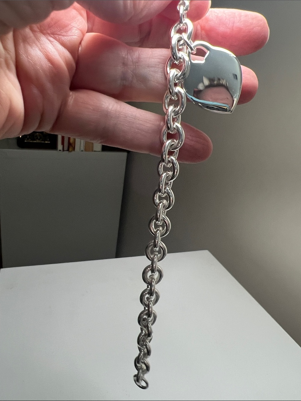 Sparkly Silver Tone Link Bracelet With a Polished Heart Charm - Heirloom Vintage